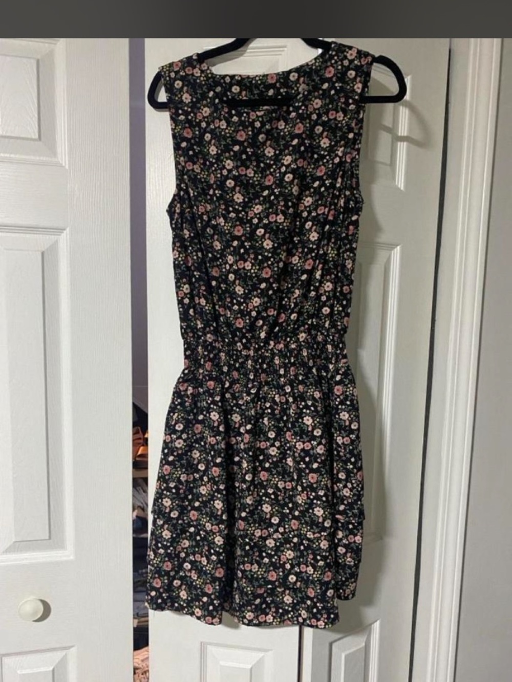 Black Sleeveless Midi Dress with Pink Floral Print